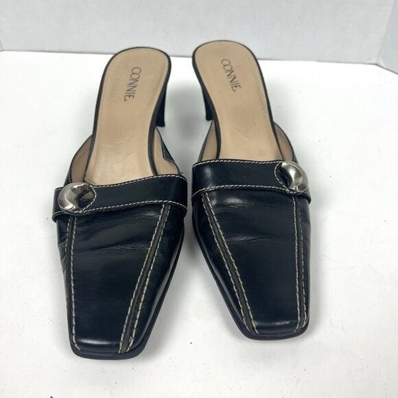 Vintage Y2K Connie Black Leather Sqaure Toe Mule Sz. 10 Slide Heel Minimalist - Picture 3 of 8
